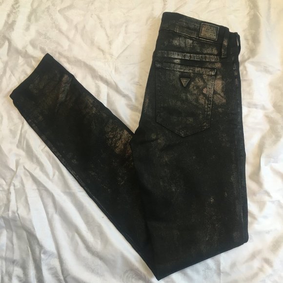 Guess Curvy Sophia Skinny Bronzer Wash Black Silver Shiny Jeans Size 26 Mid Rise - Picture 1 of 14